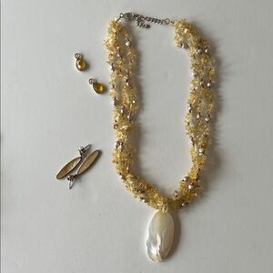 Yellow Beaded Necklace with Faux Mother of Pearl Pendant and Matching Earrings.
